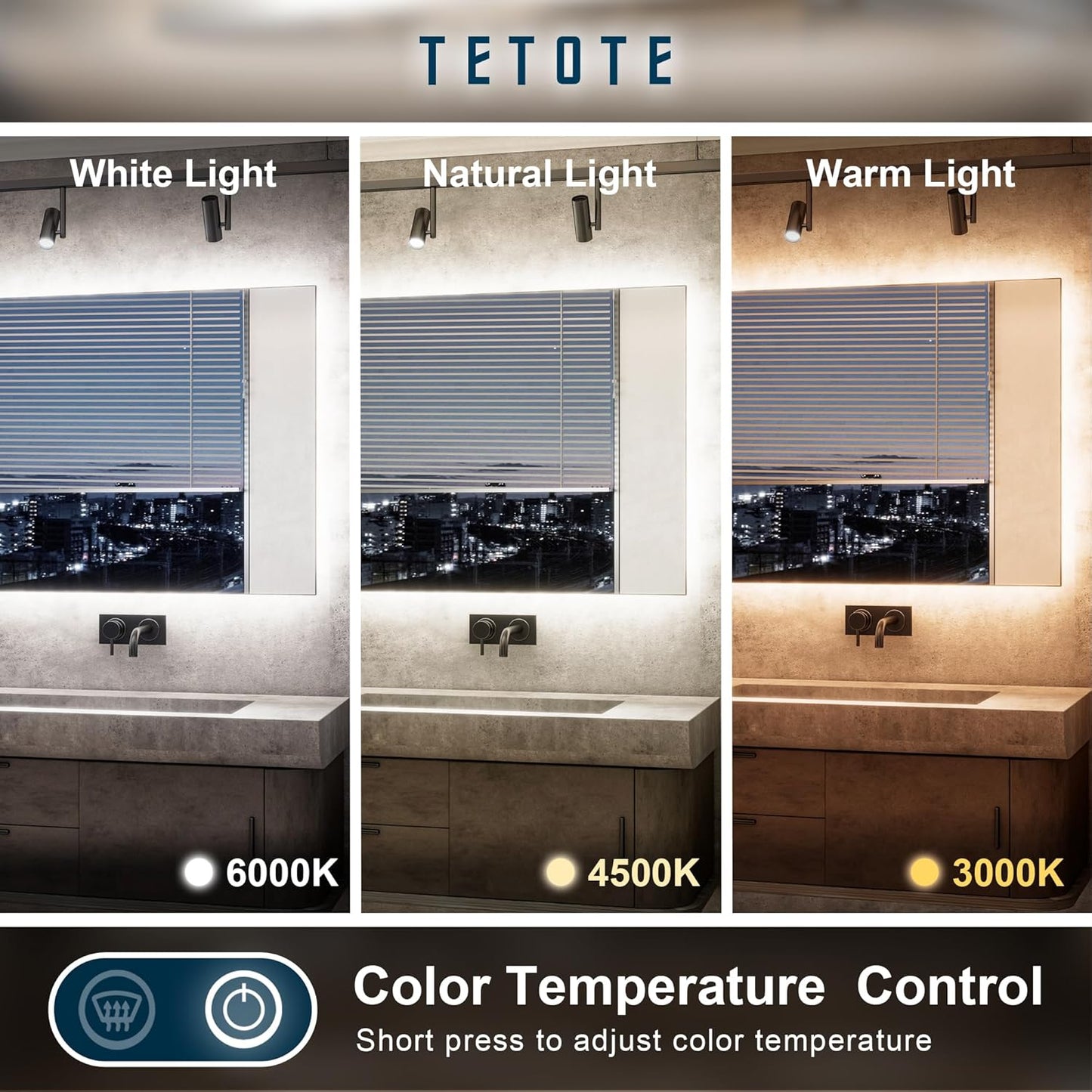 TETOTE 48 x 36 Inch LED Backlit Bathroom Mirror with Lights, 3Color White/Warm/Natural, Anti-Fog Lighted Mirror,Dimmable,Vanity Mirror,Wall Mounted