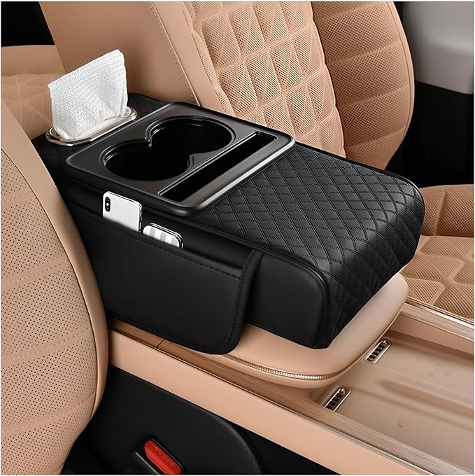 Zpana Car Center Console Armrest Pillow, Memory Foam Leather 4 in 1 Vehicle Arm Rest Cover with Tissue Box 2 Side Storage Bag Cup & Phone Holder, Auto Armrest Cushion, Universal Fit (Black)