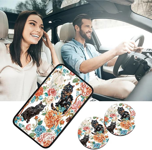 Car Armrest Cover Pads Universal Fashion Cute Auto Center Console Armrest Cover Pad with 2PCS Car Coasters Soft Waterproof Car Armrest Seat Protector for Women, Three Cats Penoy