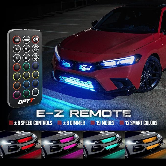 OPT7 Aura 4PCS RGB LED Grille Lights with Remote Control, 12 inches Waterproof LED Strip Lights, Multicolor, Dimmer, Fade, Cycle, Strobe, Peel'n'Stick Front Grill Valence, Car Truck SUV Decorations
