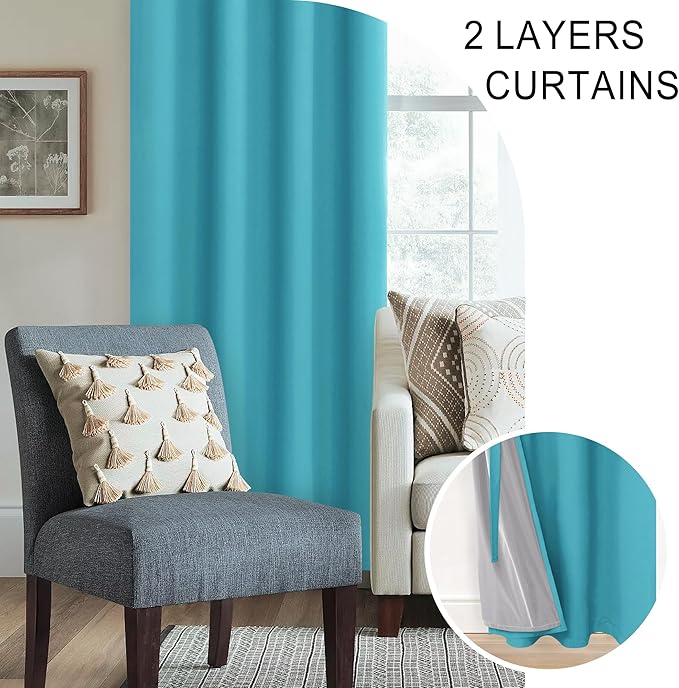 XWZO Full Shading Blackout Curtains 72 Inches Length - Heat and Light Blocking Ring Top Window Drapes with Black Liner Backing for Bedroom Sewn with Tiebacks, Turquoise, W52 x L72, Set of 2