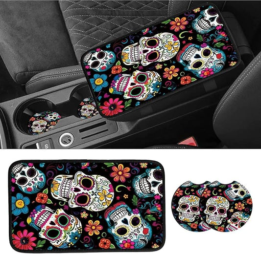 Car Armrest Cover Pads Universal Fashion Cute Auto Center Console Armrest Cover Pad with 2PCS Car Coasters Soft Waterproof Car Armrest Seat Protector for Women Girls, Colorful Skulls
