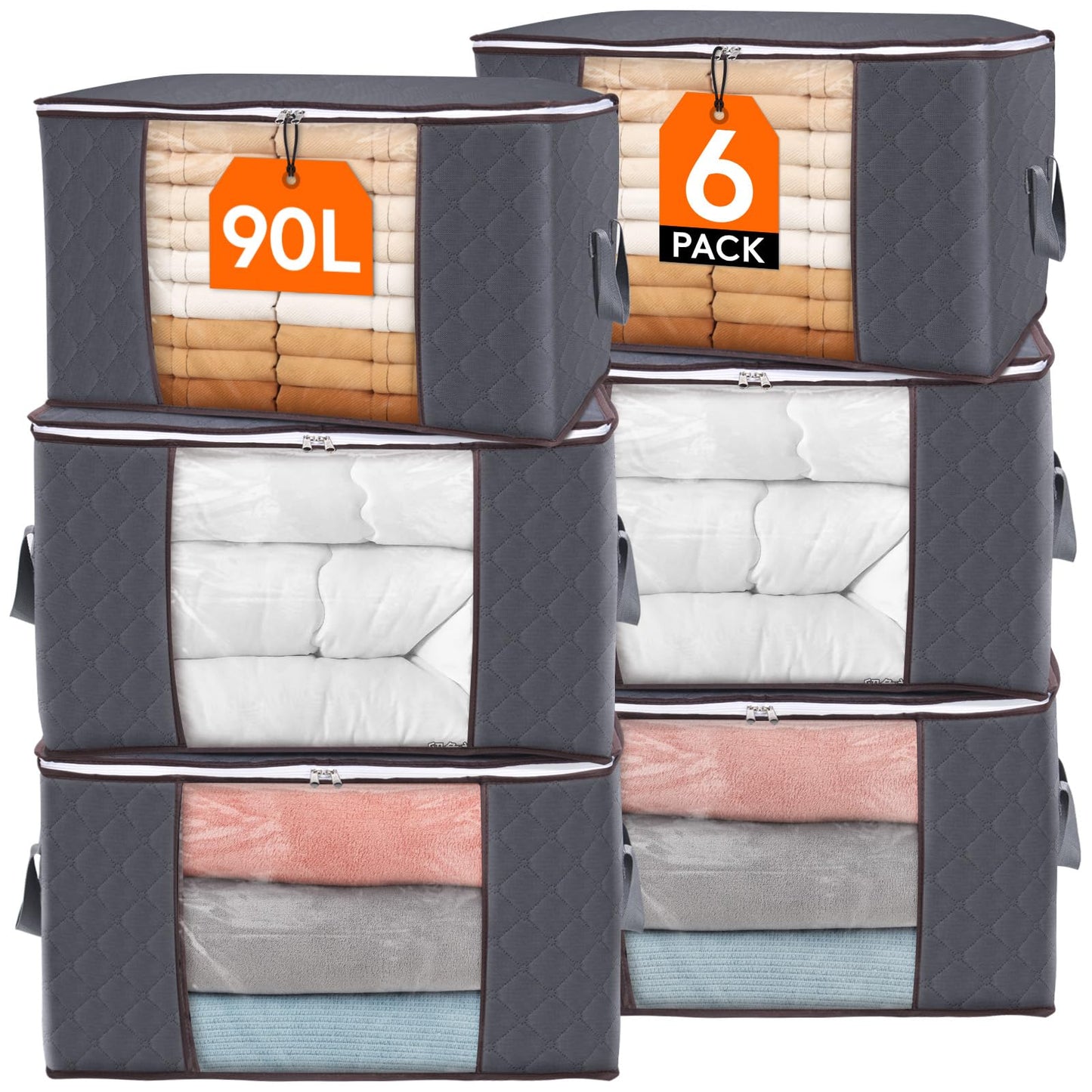 Lifewit 90L Large Storage Bags, 6 Pack Closet Organizers and Storage, Clothes Storage Bins with Lids, Foldable Storage Containers with Reinforced Handles for Clothing, Blanket, Bedding, Comforter Gray