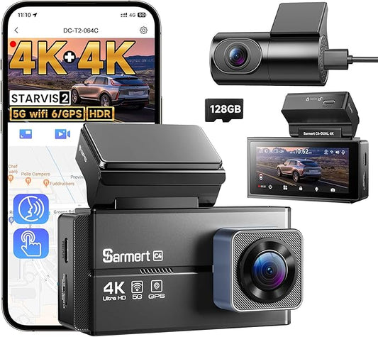 4K+4K Dash Cam Front and Rear, Sarmert C4 Dash Cam Free 128GB Card Included, Built-in GPS and 5G WiFi, HDR Night Vision, WDR Dash Camera for Cars, App, 24H Parking Mode