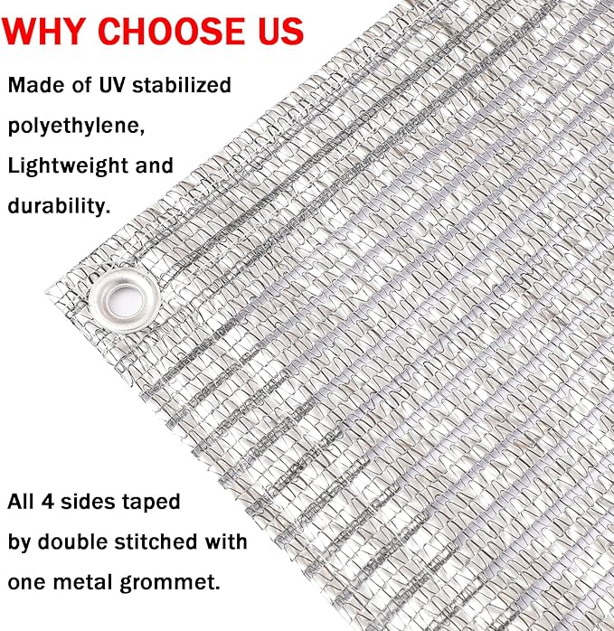 65% Aluminum Foil Shade Cloth with Grommets,13ft x 13ft, Mesh Sun Block Fabric Cover, Canopy, Privacy Screen for Outdoor Patio, Garden, Backyard, Silver