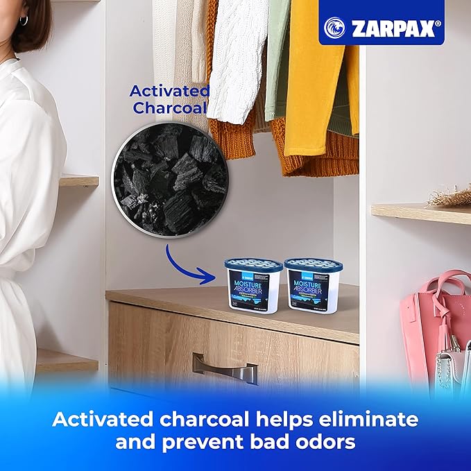 ZARPAX Moisture Absorber Activated Charcoal 10.5 oz/300g | Removes Moisture, Damp, Humidity & Odors | Odor Absorber | Moisture Trap for Bathroom, Closet, Kitchen & Small Spaces | Set of 6