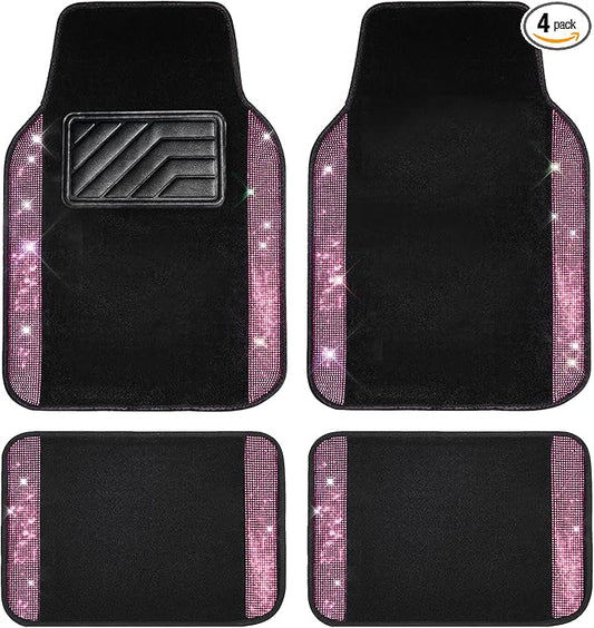 CAR PASS Bling Diamond Car Floor Mat Shining Rhinestones Carpet, Sparkly Glitter Crystal Anti-Slip PVC Heel Pad Automotive Universal Fit for SUV Sedan Car Van, 4pcs for Girl Cute Women, Black Pink