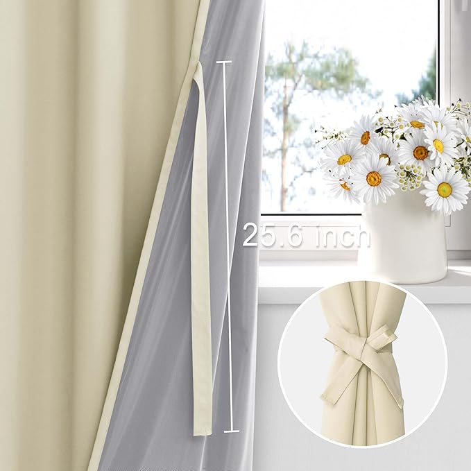XWZO 100% Blackout Curtains 54 Inches Long with Tiebacks- Privacy Protection & Noise Blocking Window Draperies Grommet Top with Black Liner for Bedroom/Living Room, Beige, W42 x L54, Set of 2