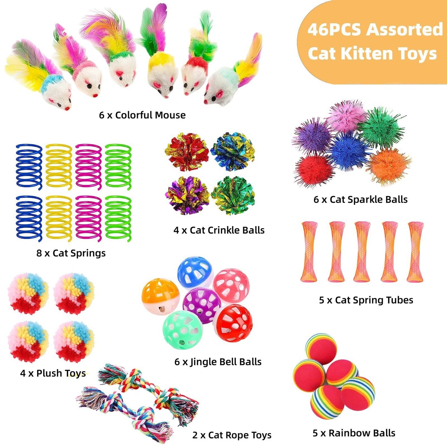 KITCHSTAR 46 PCS Cat Toys for Indoor Cats, Kitten Toys with Cat Spring Toy, Mint Catnip with Crinkle Mouse Ball for Indoor Cats Kittens Exercise
