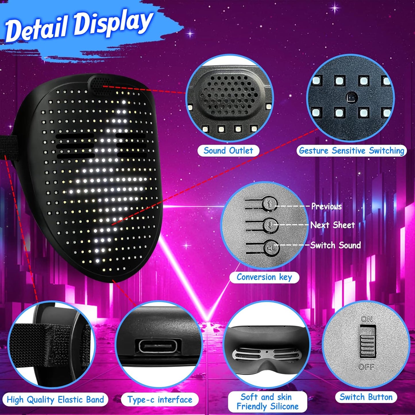 Led Mask with Gesture Sensing,Light up mask for Kids/Men/Women LED Halloween Mask for Costume Cosplay Party