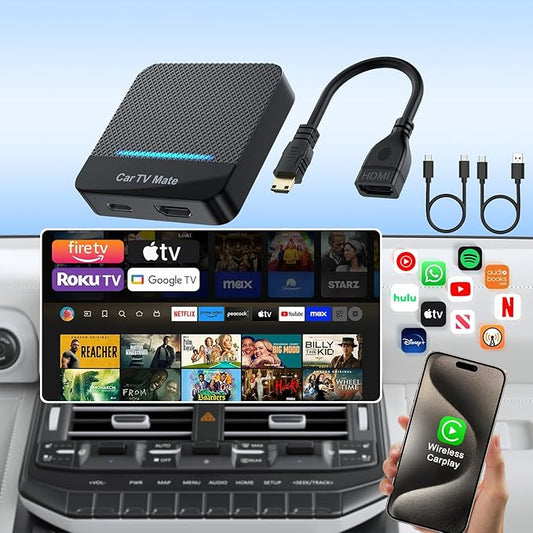 Car TV Mate 2025 Built-in Wireless CarPlay Adapter, Fire TV Stick Converter for Car Plug & Play, Stable Fast, No Latency, HDMl Multimedia Adapter with Factory Wired CarPlay and Most Streaming Devices