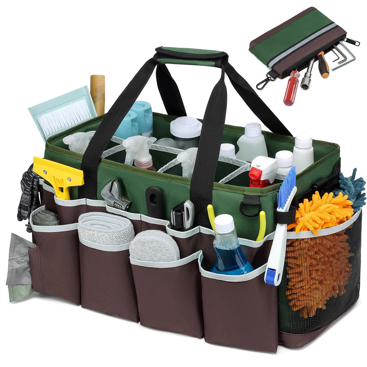 RUCYEN Large Wearable Cleaning Caddy Bag,Cleaning Supplies Organizer with Handles Shoulder Strap for Cleaning Tools Storage, Cleaning Caddy with 4 Foldable Dividers,Cleaning Bags for Housekeepers