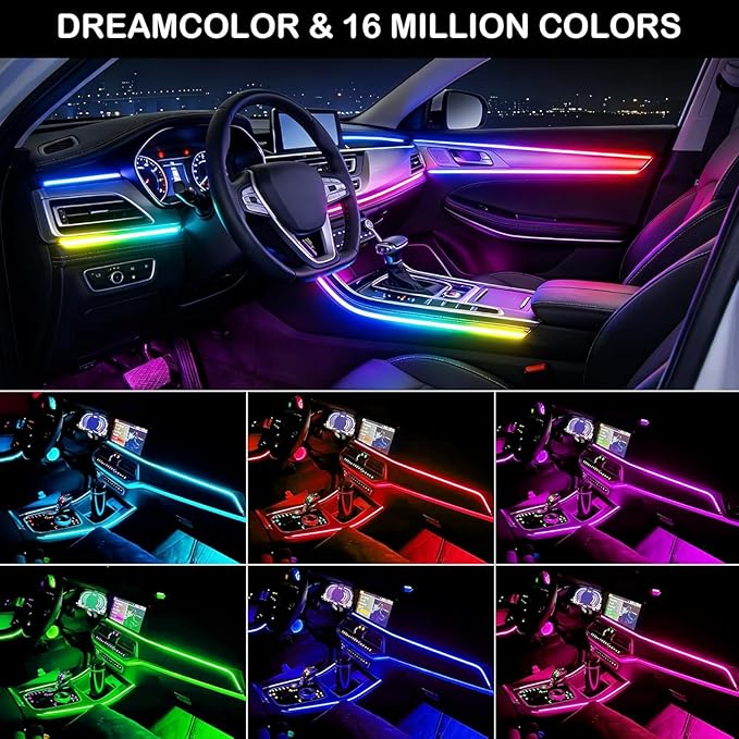 Dreamcolor Acrylic Interior Car LED Strip Light with APP Remote Control,RGB 10 in 1 with 175 inches 593 LEDs Fiber Optic Strip Lights for Car, Dynamic Chasing Music Sync Neon Car Ambient Lighting Kits