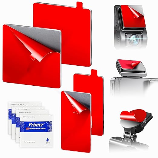 4-Pack Double-Sided Adhesive Pads for Dash Cam Mount – Heat-Resistant High-Bond Replacement Tape – 2 Square & 2 Rectangular Pads for Windshield and Dashboard – Includes Adhesion Promoter