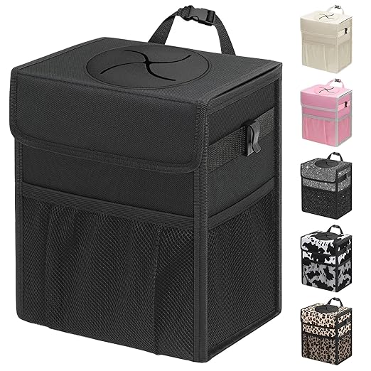 Capolo Car Trash Can with Lid, Leakproof Car Trash Bag Hanging Waterproof Automotive Garbage Can with Storage Pockets Mini Vehicle Trash Bin for Back/Front Seat(Black,4 Gallon)