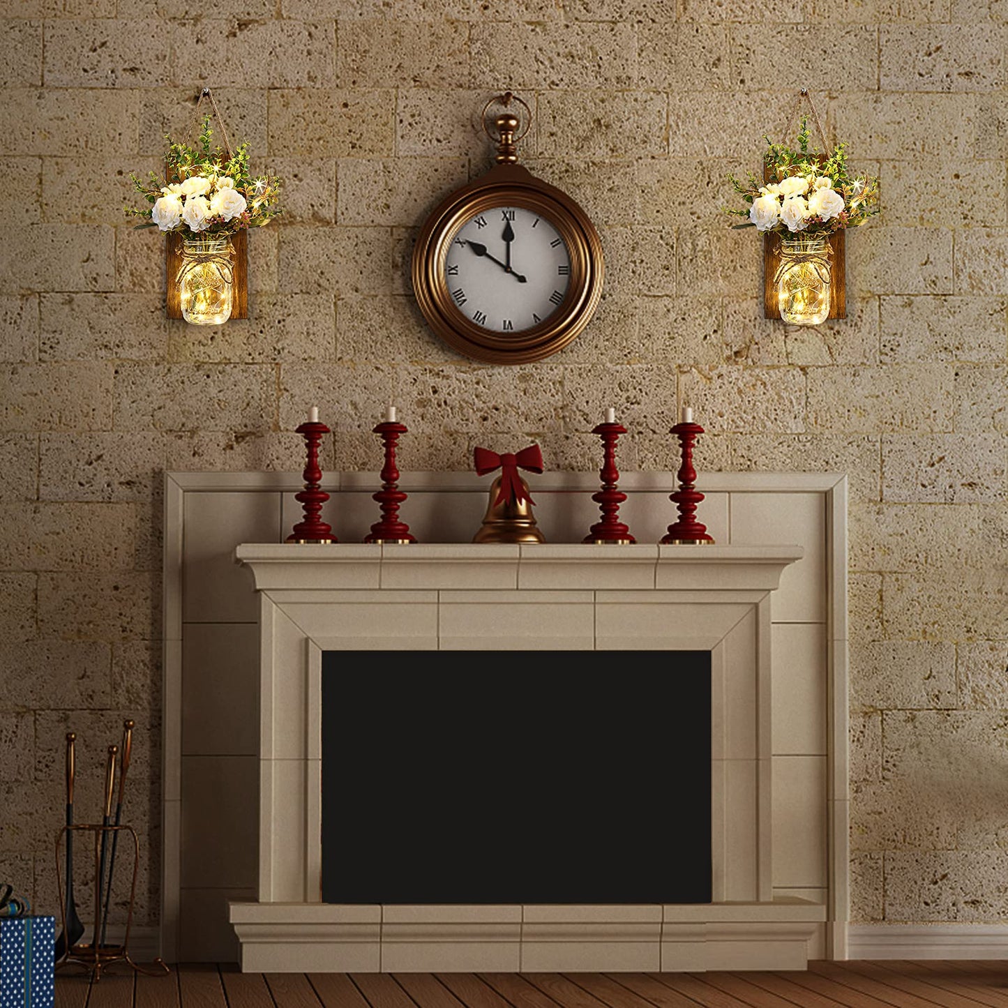 Lightess Wall Decor Mason Jar Sconces with Remote Control, Rustic Home Decor Wall LED Fairy Lights with White Rose, Farmhouse Wall Decorations Lights Set of Two for Dining Room Living Room