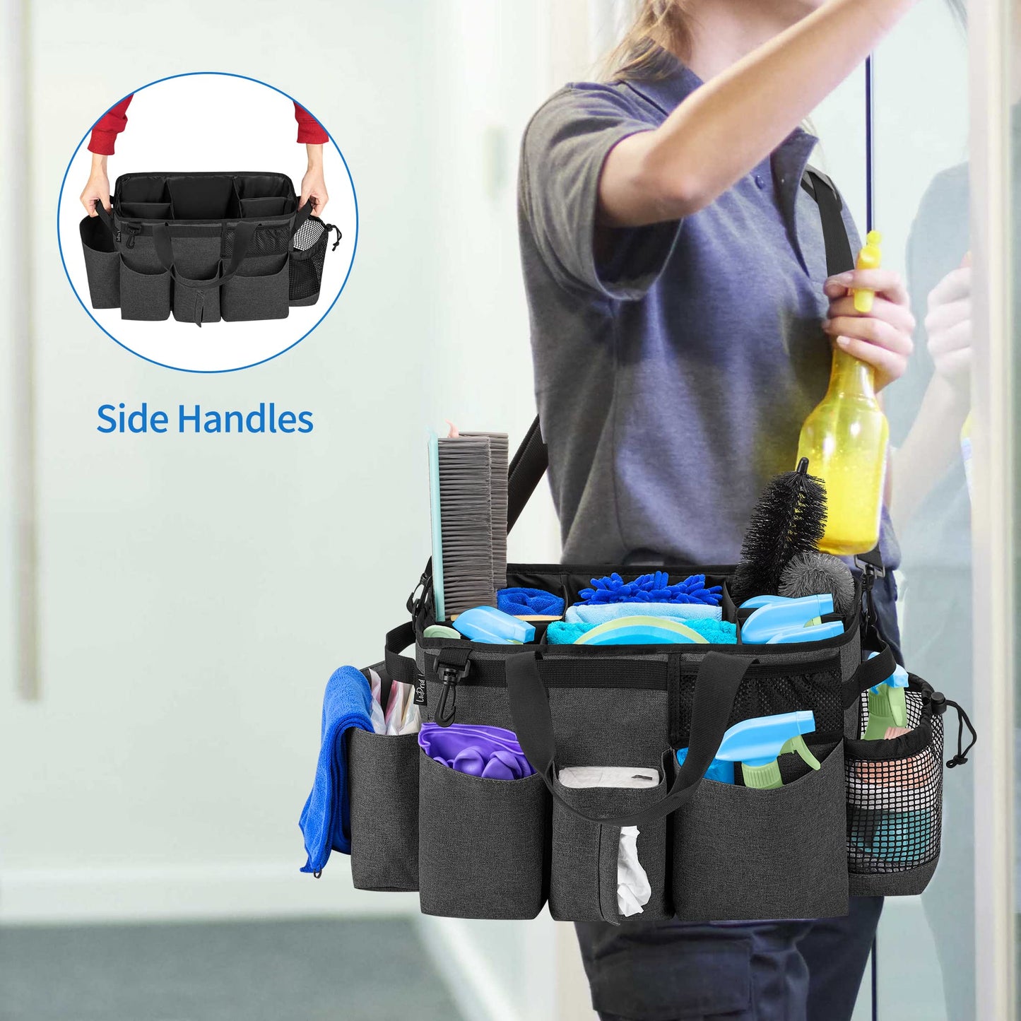 LoDrid Wearable Cleaning Caddy Bag with 4 Foldable Dividers, Cleaning Supply Organizer with Shoulder Strap and Side Handles for Cleaners & Housekeepers, Black