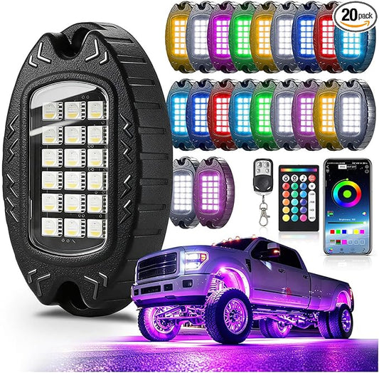 20Pods Heavy Duty Aluminum RGBW LED Rock Lights Kit for Trucks Pickup Dually Truck Off-Road, APP/RF Remote, Plug and Play&Pre Wired, IP67 Waterproof Multicolor Dual Zone 12V Underglow Accent Lights