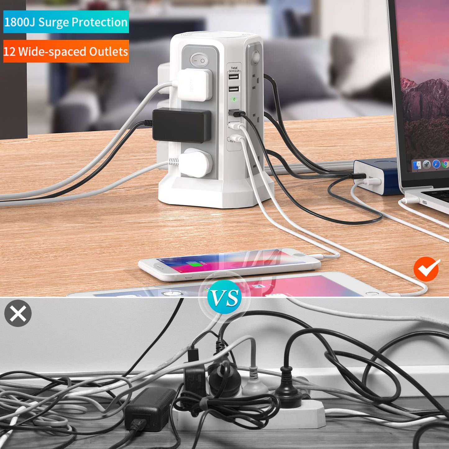 Surge Protector Power Strip Tower with USB C Port(PD18W),10FT Extension Cord with 12 AC Outlets 5 USB Charging Ports, PASSUS Power Tower Surge Protection for Home Office DormRoom