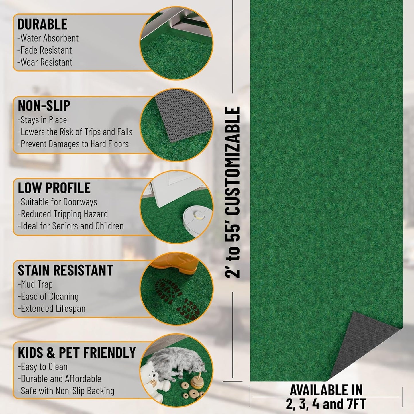 Ottomanson 2' x 5' Hallway Runner with Scraper Pile Extra Durable Non-Slip Rug Mat for Indoor & Outdoor Use - Ideal for Kitchen, Entryway, Patio & Garage - High-Traffic Carpet, Green