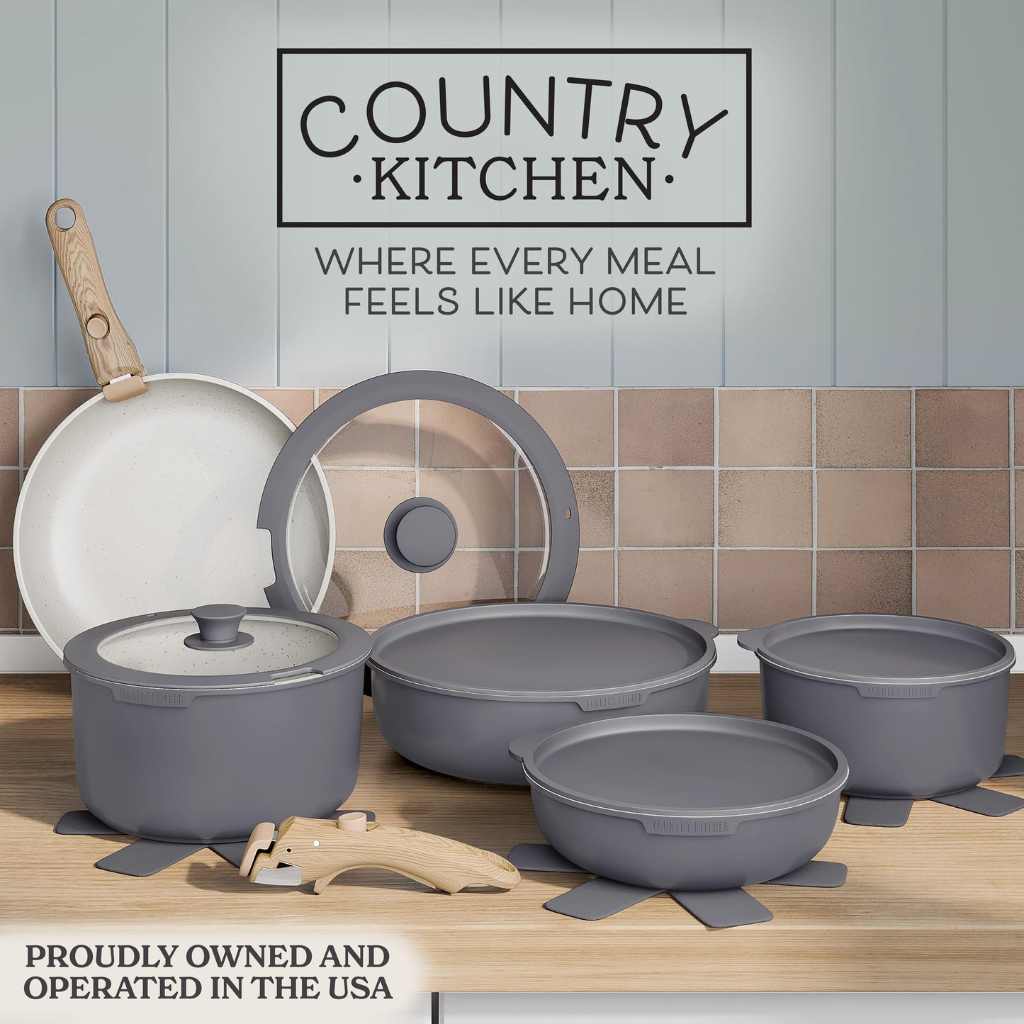 Country Kitchen Cookware Set with Removable Handle, Oven & RV Safe Pots and Pans Set, Grey/Ivory Wood Handle, Original
