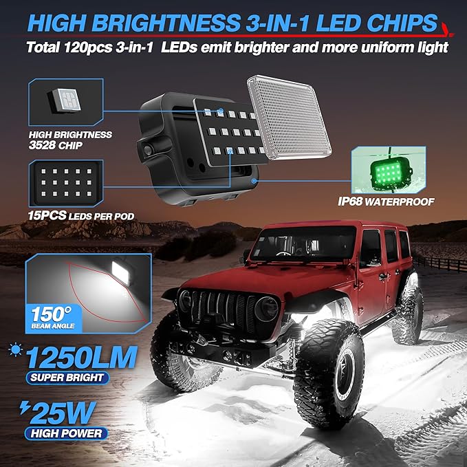MICTUNING Y1 RGB+IC Dream Color Rock Lights - Upgraded 10 Pods Underglow Light with Chasing Effect, Wheel Well Light with Wiring Switch Kit, Bluetooth APP Control, Extensible Up to 24 Pods