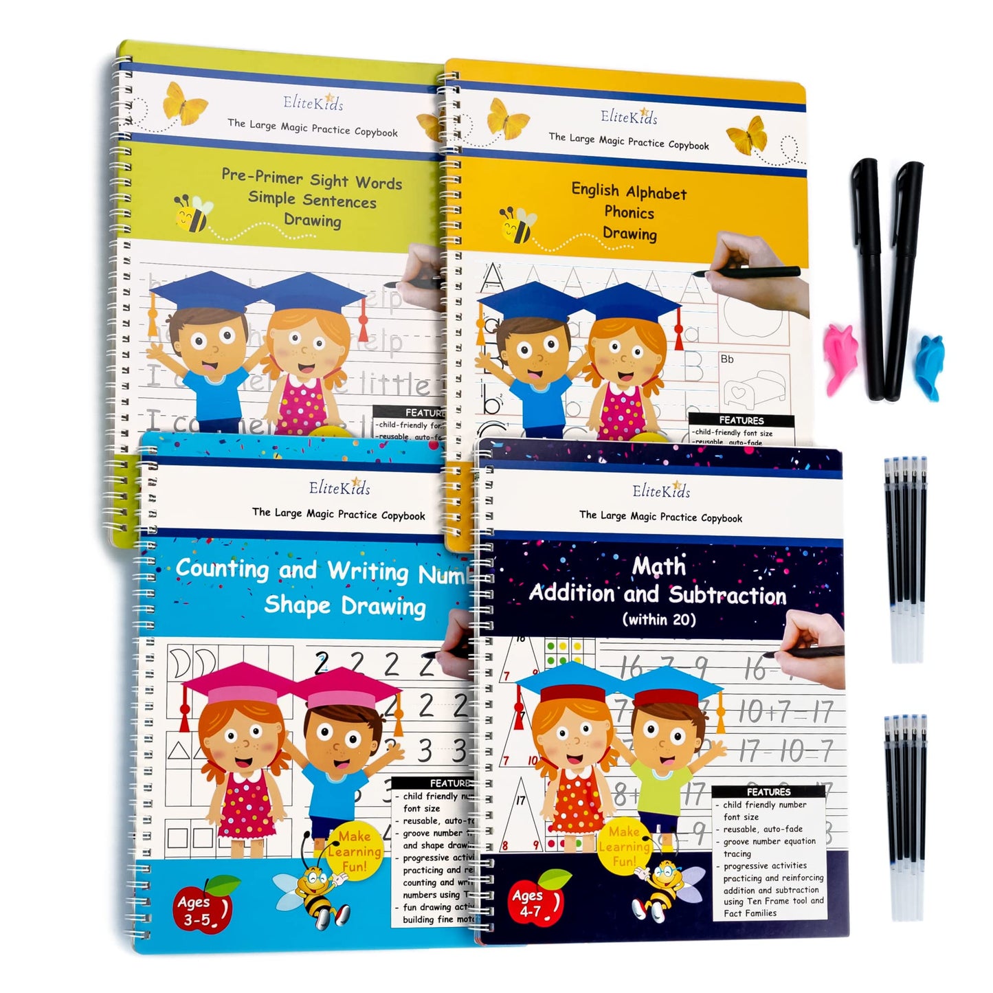 Teacher Designed Large 11x8.5in Reusable Handwriting Workbooks (Sight Word Copy Included)- Kids Learning Calligraphy, Magic Practice Copybook for Preschool, Kids Ages 3 to 8 (4 Pack)