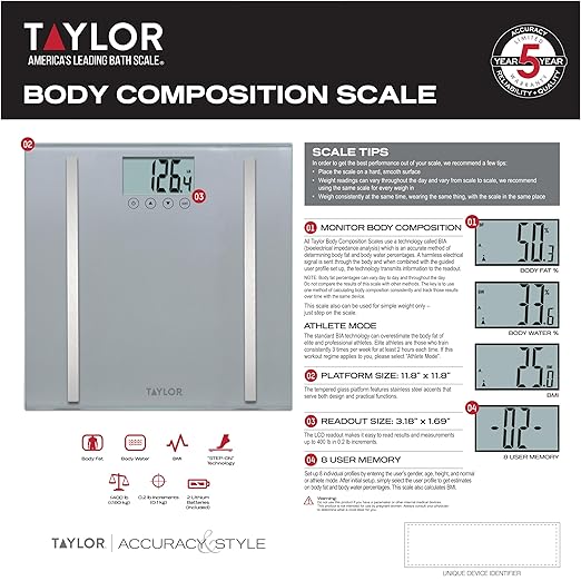 Taylor Digital Body Composition Scale, Bathroom Scale for Body Weight, Measures Body Fat, Body Water, and Muscle Mass Percentages, 8 User Recognition, FSA HSA Eligible, 400 lb Capacity, Charcoal