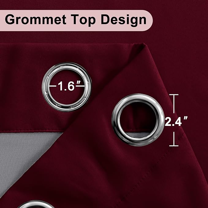 XWZO 100% Blackout Curtains with Tiebacks - Heat and Light Blocking Ring Top Window Drapes with Black Liner Backing for Bedroom Sewn with Tiebacks, Burgundy, W52 x L72, Set of 2