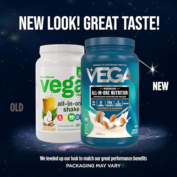 Vega All in One Nutrition Organic - 20g Plant-Based Pea Protein, Coconut Almond, 18 Servings, Vitamins A & C, Probiotics, Greens, Vegan, Keto, Gluten Free, 24.3oz (Packaging May Vary)