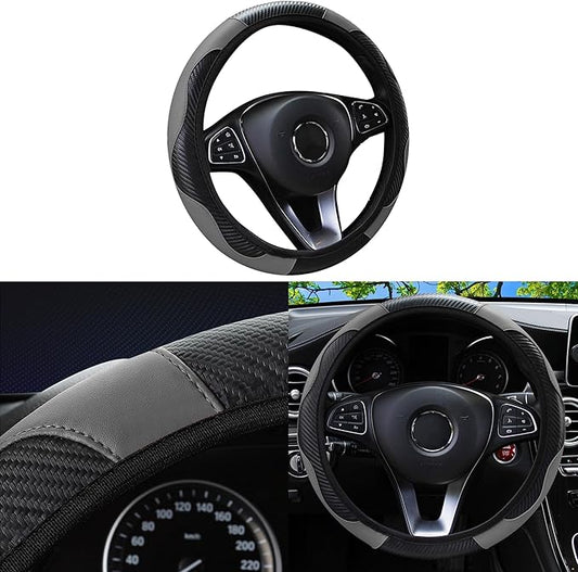 Car Steering Wheel Cover, 15 inch Carbon Fiber Microfiber Anti-Slip Breathable PU Leather Elastic Steering Wheel Protector, Car Interior Accessories for Most Cars (Gray)
