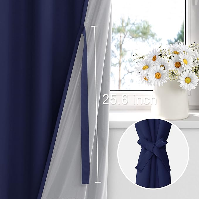 XWZO 100% Blackout Curtain Panels - Thermal Insulated Black Liner Curtains, Noise Reducing and Heat Blocking Drapes for Hall and Studio Windows with Tiebacks, Navy Blue, W52 x L95, Set of 2