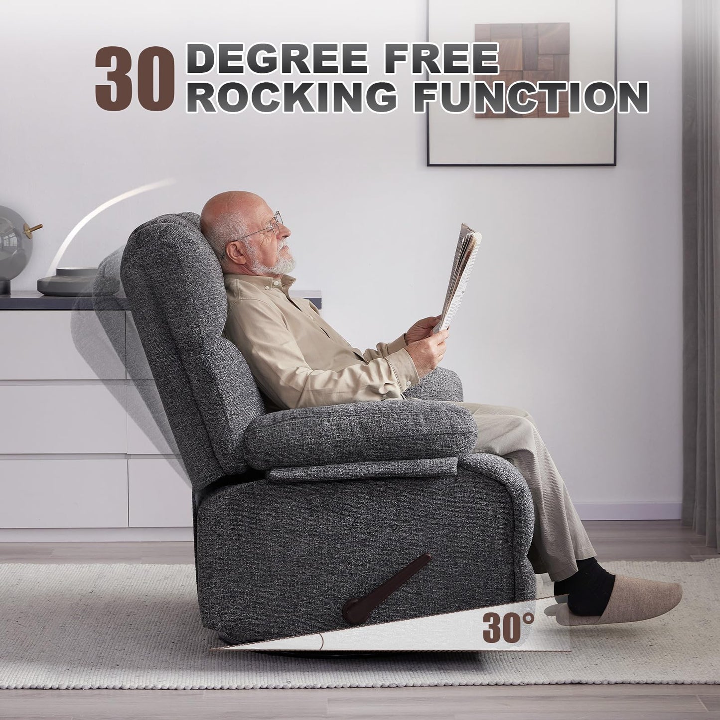 Eiayeebil Oversized Swivel Rocker Recliner Chair for Adult, Rock Recliner for 350lb Big Man, Extra Wide Manual Recliners, Overstuffed Soft Rocking Sofa Chair,Light Grey