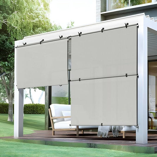 Bynbbur 8'W x 9.5'H Outdoor Patio Shades Foldable Roller Blinds, 220 GSM Sun Shade Roll Up Porch Screens Exterior Shade Cloth for Deck Pergola Backyard, Light Gray