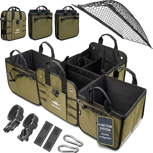 4-Section Extra Large Trunk Organizer – Heavy Duty 1680D, Collapsible & Foldable Cargo Organizer, Modular Multi-Shape Storage System for SUVs, Trucks, Vans – Green