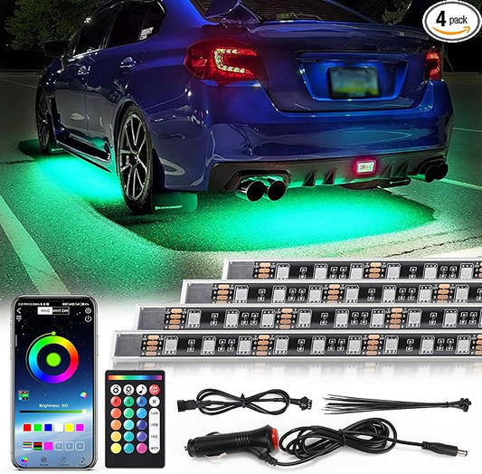 4 Pcs RGB Underglow LED Lights for Cars Truck SUV Golf Cart UTV ATV, 12V Waterproof Multicolor Underbody Neon Accent Strip Lights Kit with APP/RF Remote Control, Music Sync, Brake Lights