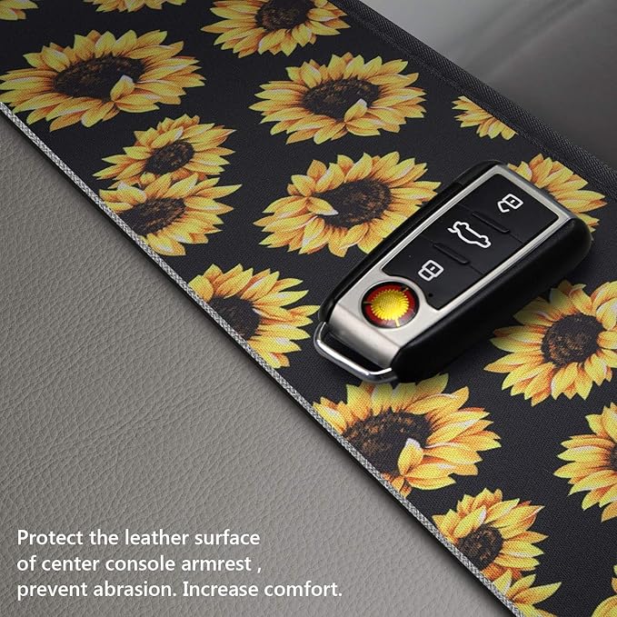 JEOCODY Sunflowers Cow Print Car Center Console Armrest Cover Car Interior Decorative Accessories Universal Fit for Sedan, Truck, SUV