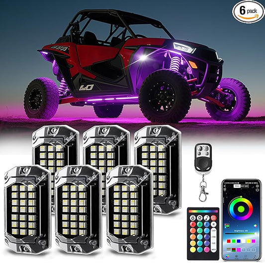 6 Pods Full Angle RGBW LED Rock Lights, 6500K Pure White and RGB Rock Light for UTV ATV Golf Cart RZR SXS Truck SUV Car Underbody, 12V Waterproof Neon Underglow Kit with APP/RF Control Sync Music