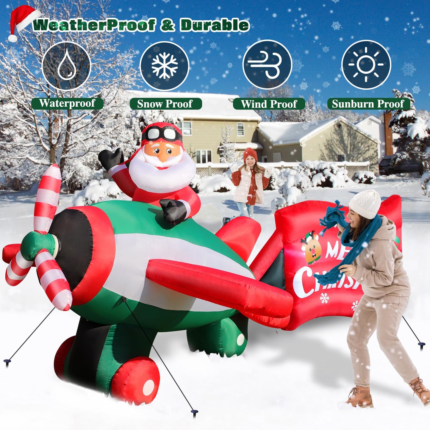 Omdekor 10.5 FT Christmas Inflatables Santa Claus on Animated Helicopter, Giant Blow Up Santa Flying Airplane, Built-in Light Inflatable Outdoor Decoration for Xmas Yard Holiday Party Garden Lawn