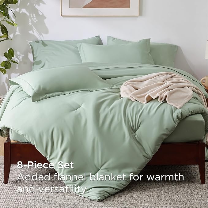 Bedsure Queen Comforter Set Sage Green, 8 Pieces Prewashed Queen Size Bed in a Bag with Soft Fleece Bed Blanket, Down Alternative Bedding Set for All Seasons, Sheets, Pillowcases & Shams