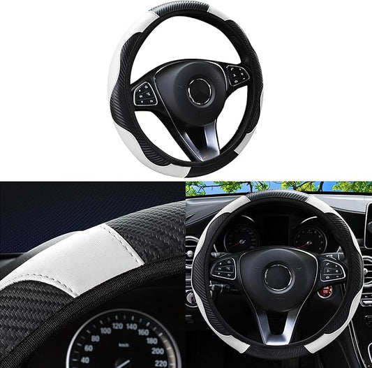 Car Steering Wheel Cover, 15 inch Carbon Fiber Microfiber Anti-Slip Breathable PU Leather Elastic Steering Wheel Protector, Car Interior Accessories for Most Cars (White)