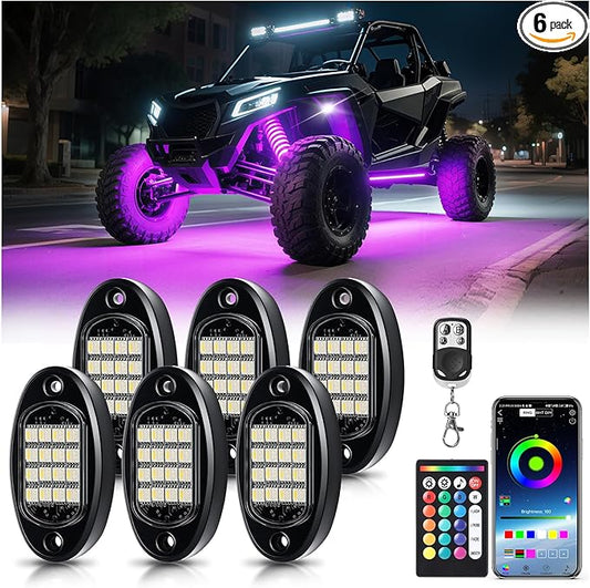 6 Pods RGBW LED Rock Lights Full Kit, 6500K Pure White (Not Mixed) & RGB Underglow for UTV Golf Cart ATV RZR SXS Trucks, App/RF Remote Smart Brake Music Sync, Waterproof Neon Underbody 12V