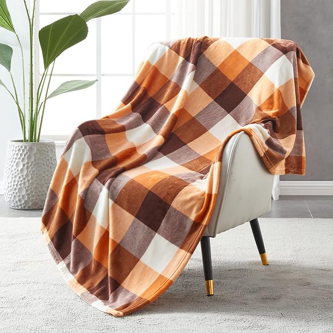SOCHOW Buffalo Plaid Flannel Fleece Throw Blanket 90 x 90 Inches, Soft Lightweight Cozy All Season Orange Checkered Blanket for Bed, Couch, Car