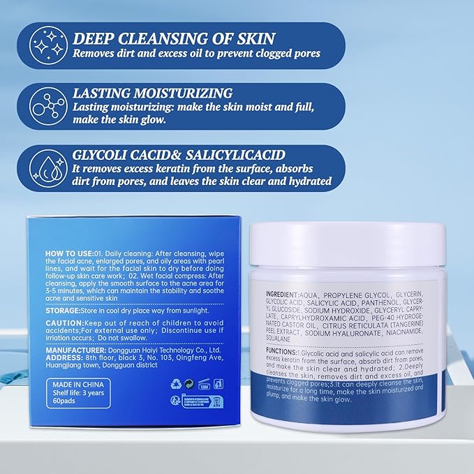Glycolic Acid Pad, Exfoliating Pads Exfoliating Toner Pads Face Exfoliator Deep Cleaning Effect for Troubled & Breakout-Prone Skin 60 Count