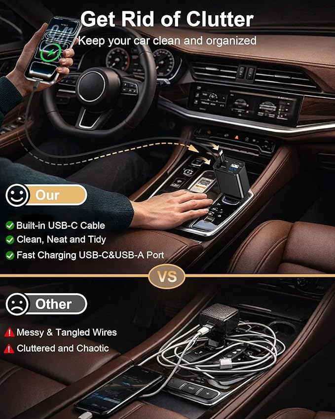 Retractable Car Charger USB-C for Samsung Galaxy S26 Ultra S26+ S25 S24 Apple iPhone 17e 17 Pro Max 16 Air, 47W Fast Car Charger Adapter + 35W Foldable Wall Plug - USB C Charging with Built-in Cables