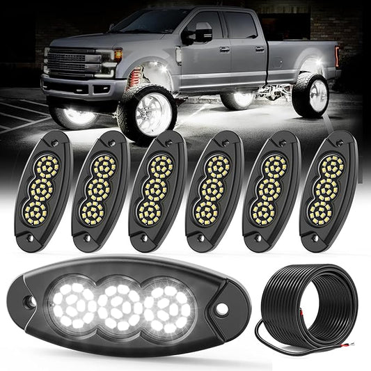 6 Pods White Rock Lights, 36 LEDs 6500K Ultra Bright IP68 Waterproof Underbody Lights for Car Truck Pickup Boat RV RZR ATV with 16.4ft Extension Wire