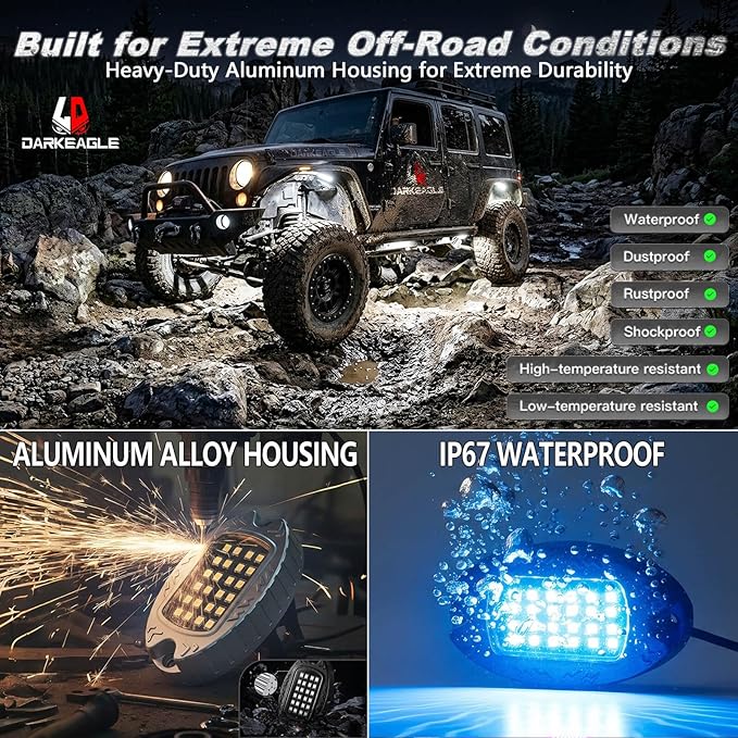 8Pods Aluminum RGB LED Rock Lights for Jeep Trucks UTV ATV RZR Golf Cart Offroad SXS SUV Side by Side with APP/RF Remote Control, Waterproof Multicolor Metal Alloy Case Segmented Underglow Light 12V