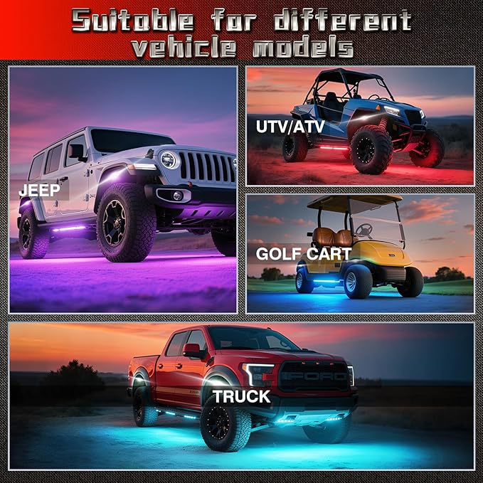 4 Pods Full Angle RGB LED Rock Lights for Jeep Truck ATV UTV RZR Offroad Golf Cart SXS, Waterproof Multicolor Neon Underglow Kit with APP/RF Remote, 12Volt Underbody Lights