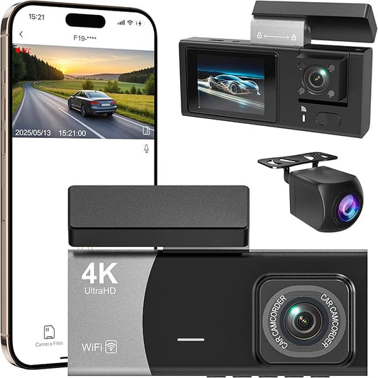 3 Channel 4K WiFi Dash Cam, 4K+1080P+1080P Front Inside and Rear, Triple Dash Camera with 32GB Card, APP Control, G-Sensor, 24 Hours Parking Mode, Loop Recording, Night Vision