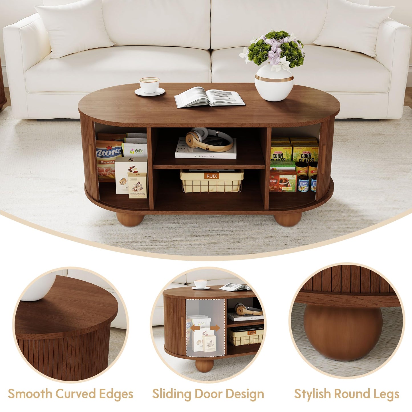 Rectangle Coffee Table, Mid-Century Modern Coffee Table with Storage & Sliding Doors, Fluted Coffee Table Center Table for Living Room, Dining Room, Apartment, Home Office (Walnut)